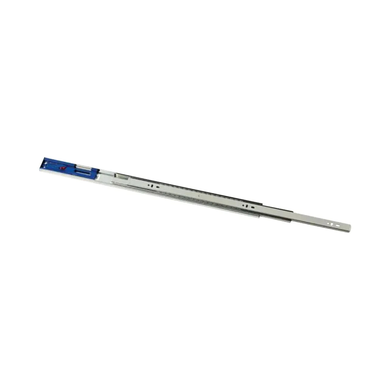 The Go Build 24 in. Soft-Close Full Extension Side Mount Ball Bearing Drawer Slide Set is shown fully extended with a blue plastic release lever, displayed against a white background.